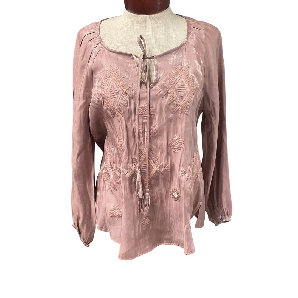 Savanna Jane Pink Boho Top Embroidered Tassel Dressy Casual Blouse Size Small